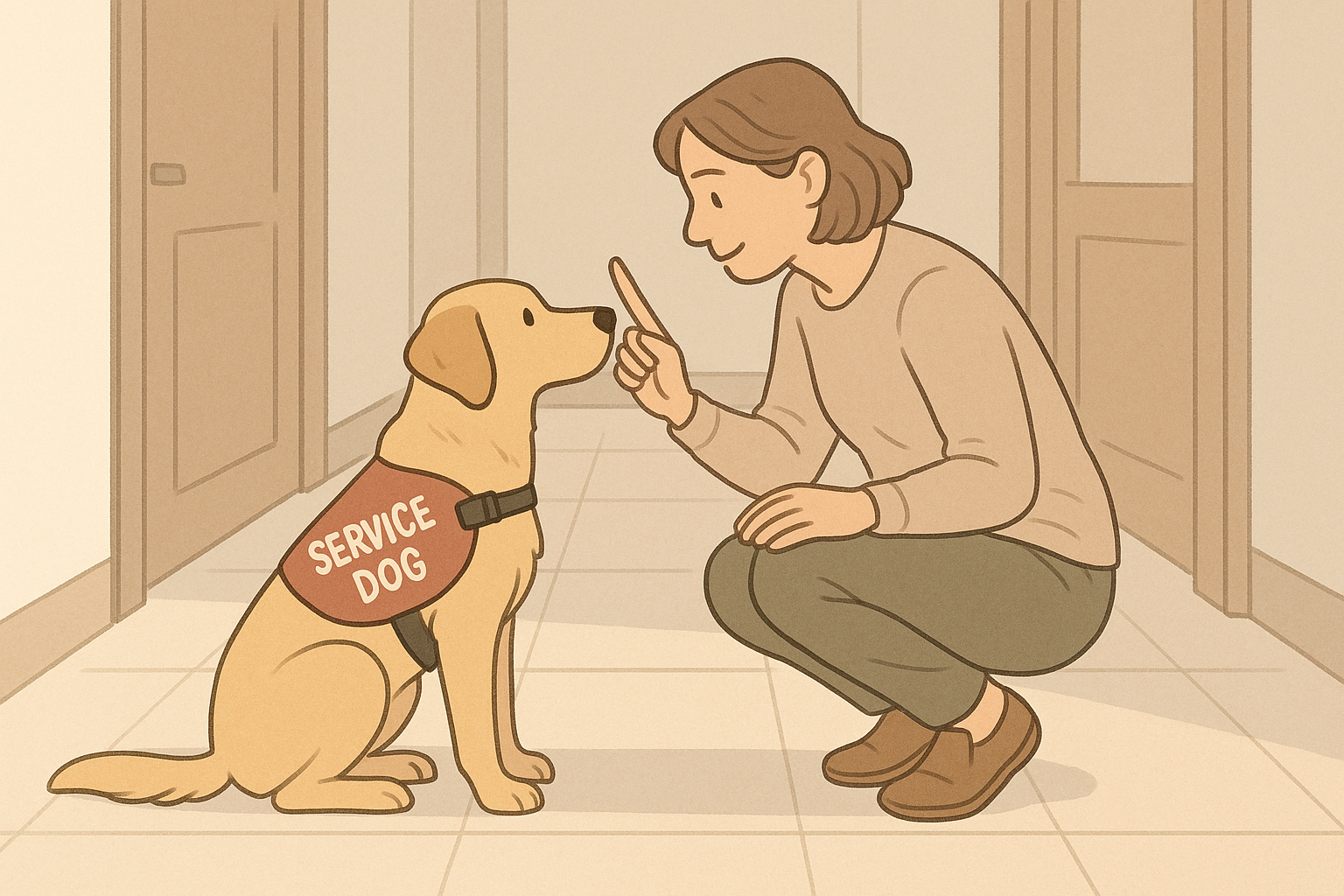 Handler practicing a task cue with a focused service dog in a quiet hallway, demonstrating task-trained behavior and public-manners training.