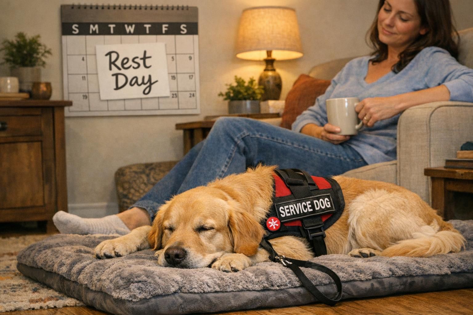 An adult working dog resting on a cushioned mat in a living room while the handler sits nearby with a warm drink to emphasize planned rest and recovery.