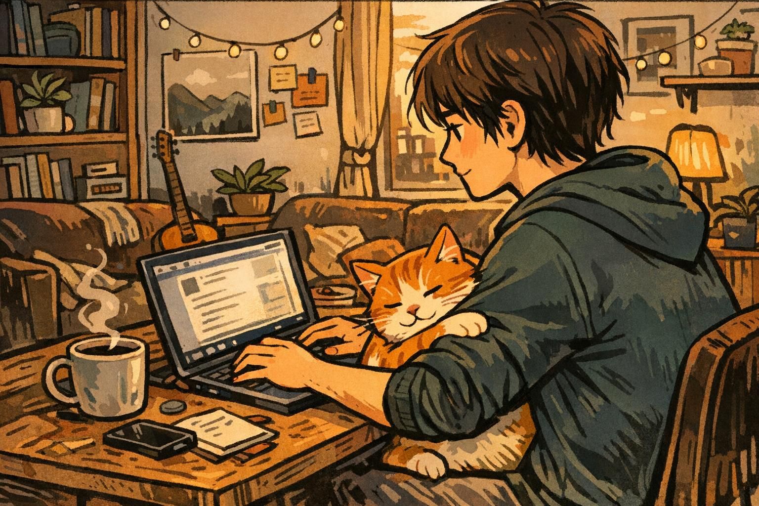 A companion cat leans against a person working at a laptop in a small apartment, demonstrating quiet emotional support during routine tasks.
