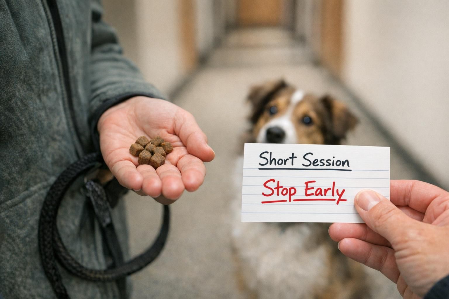 Close-up of a handler offering small treats during a brief, low-pressure maintenance training session in a quiet hallway to reinforce stopping while engaged.
