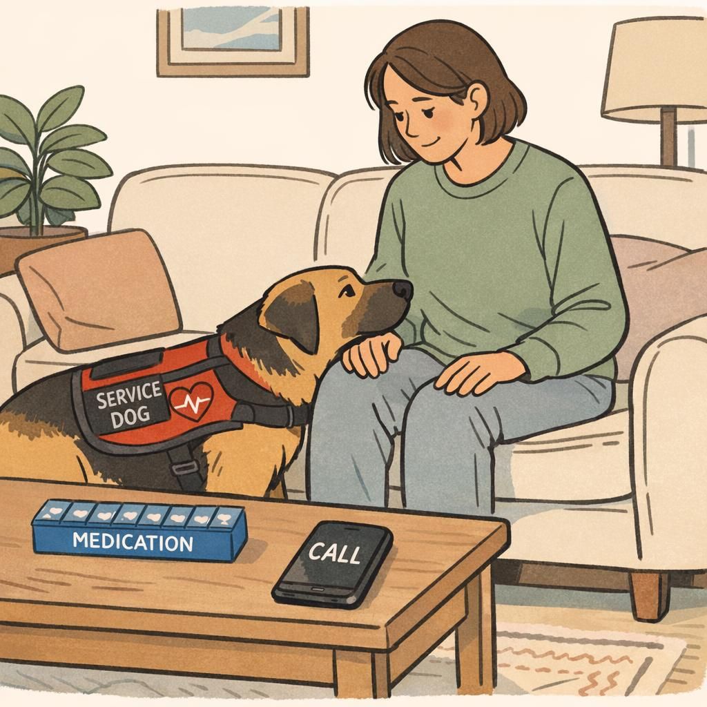 A cardiac alert service dog gently nudges a person sitting on a living room sofa beside a pill organizer and phone, illustrating calm daily alert support.
