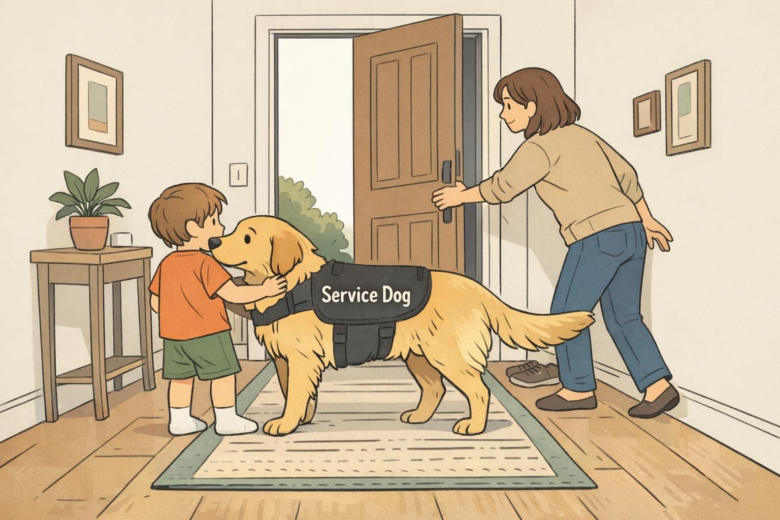 A home hallway where a service dog calmly blocks and redirects a child away from an open front door while an adult reaches to close it.