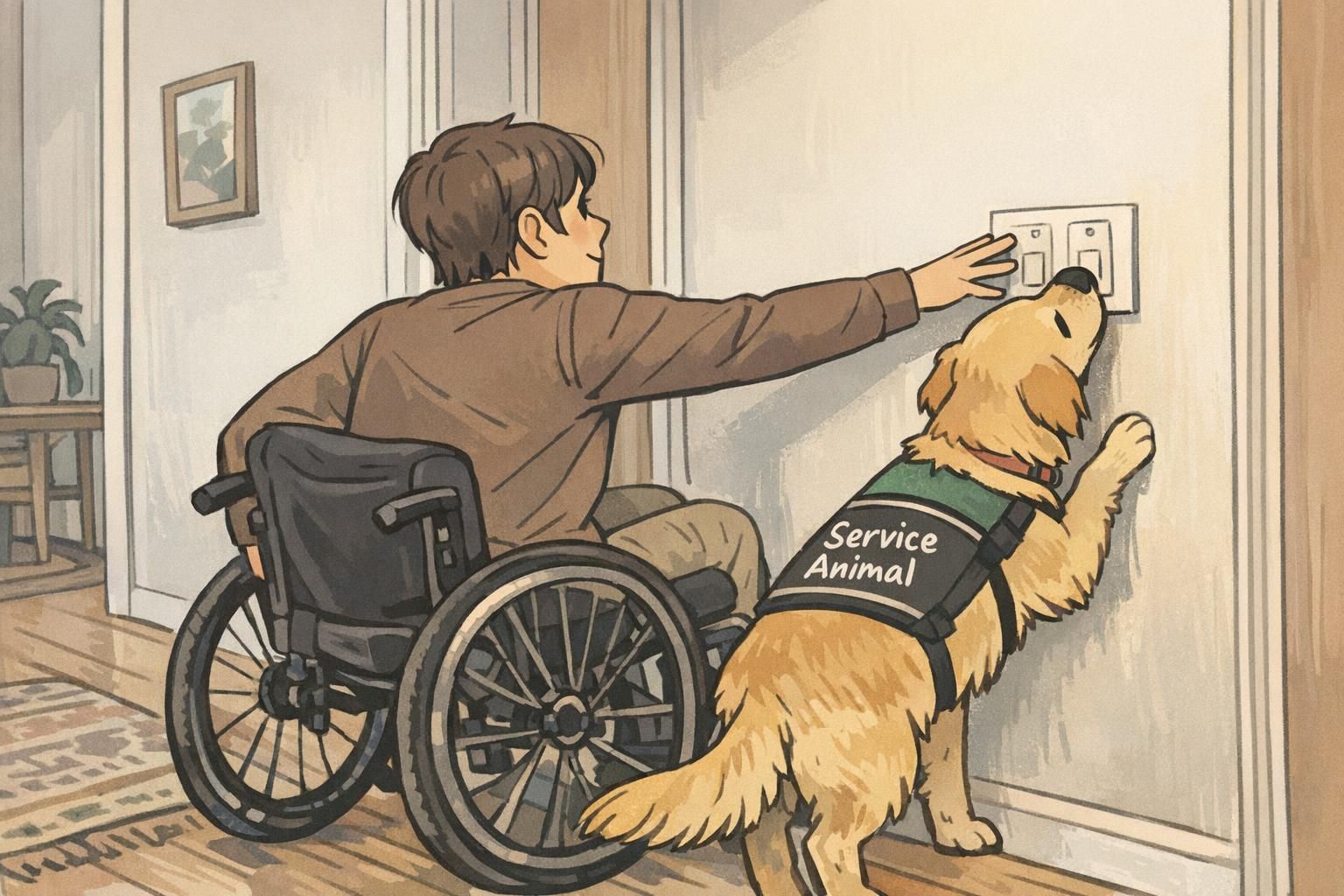 A service dog nudges a light switch panel as a person in a wheelchair reaches toward it, demonstrating environmental awareness and reach assistance.