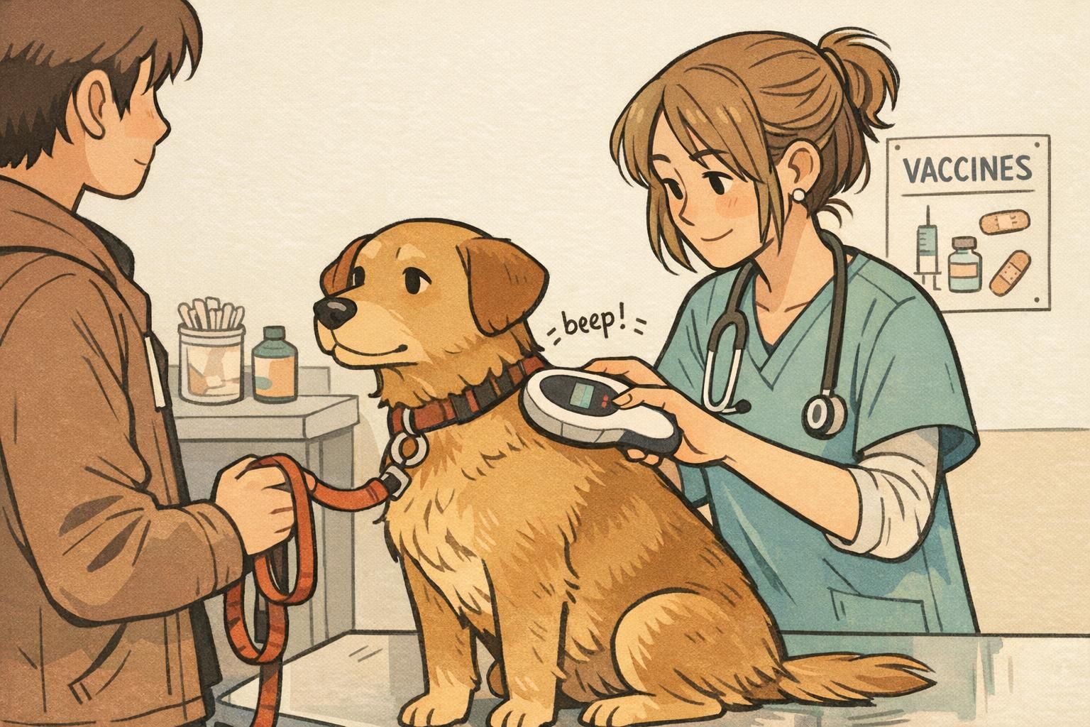 A veterinarian uses a microchip scanner on a service dog in an exam room as the handler holds the leash and paperwork.