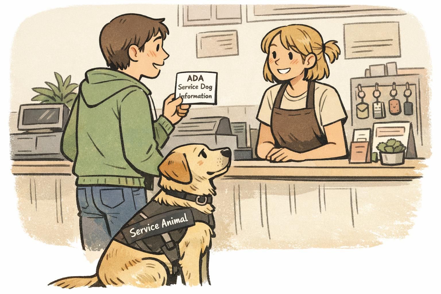 A handler speaks calmly with a store employee at a front counter while their service dog sits wearing a visible vest and an ADA information card is shown.
