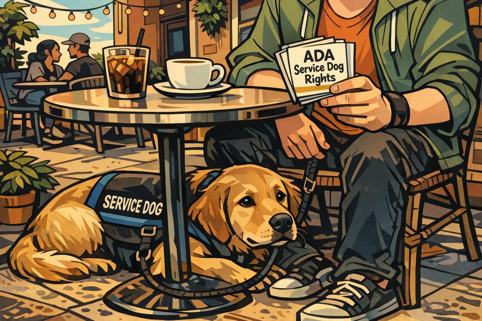 Service dog settled under a coffee-shop table beside a handler holding informational cards, practicing polite public-access positioning and calm presence.