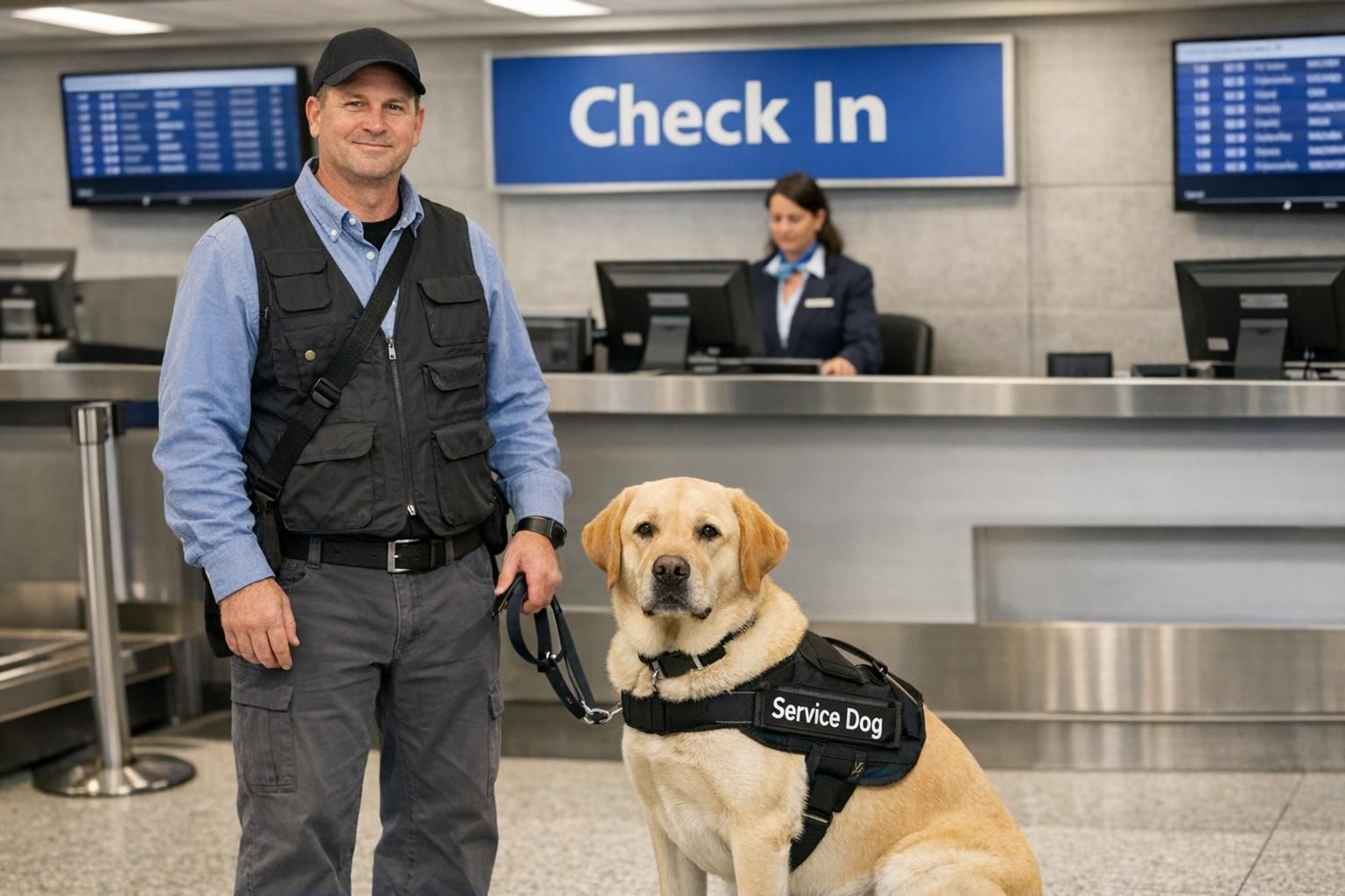 An adult handler and a calm guide dog stand at an airport check-in counter, demonstrating travel scenarios where quick ID can help.
