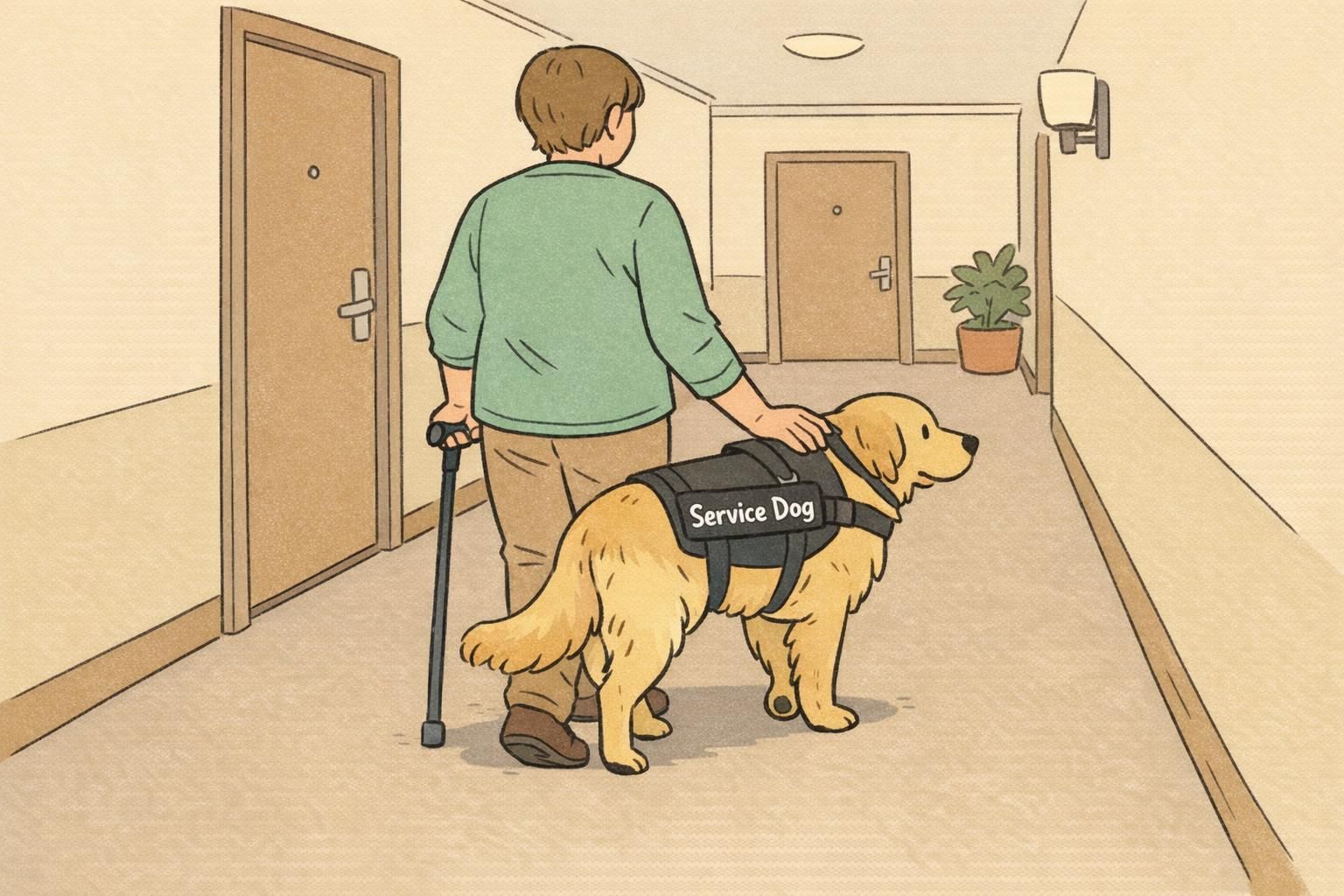 An apartment hallway captures a person walking with a cane while a service dog in a balance-assist harness offers steadying support for safer movement.