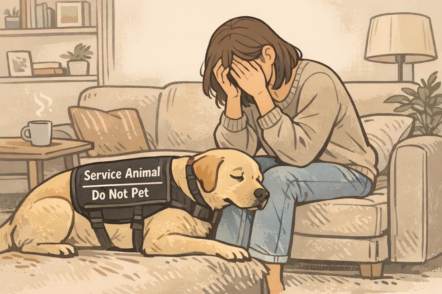 An adult handler sits in a quiet living room as their service dog offers gentle contact on the lap to provide grounding during a moment of anxiety.