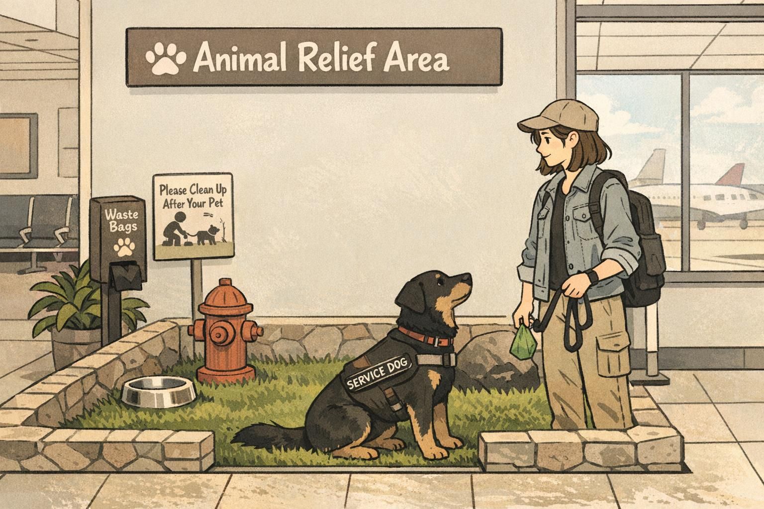 Leashed service dog at an indoor airport animal relief area with the handler holding a waste bag near the designated relief sign.