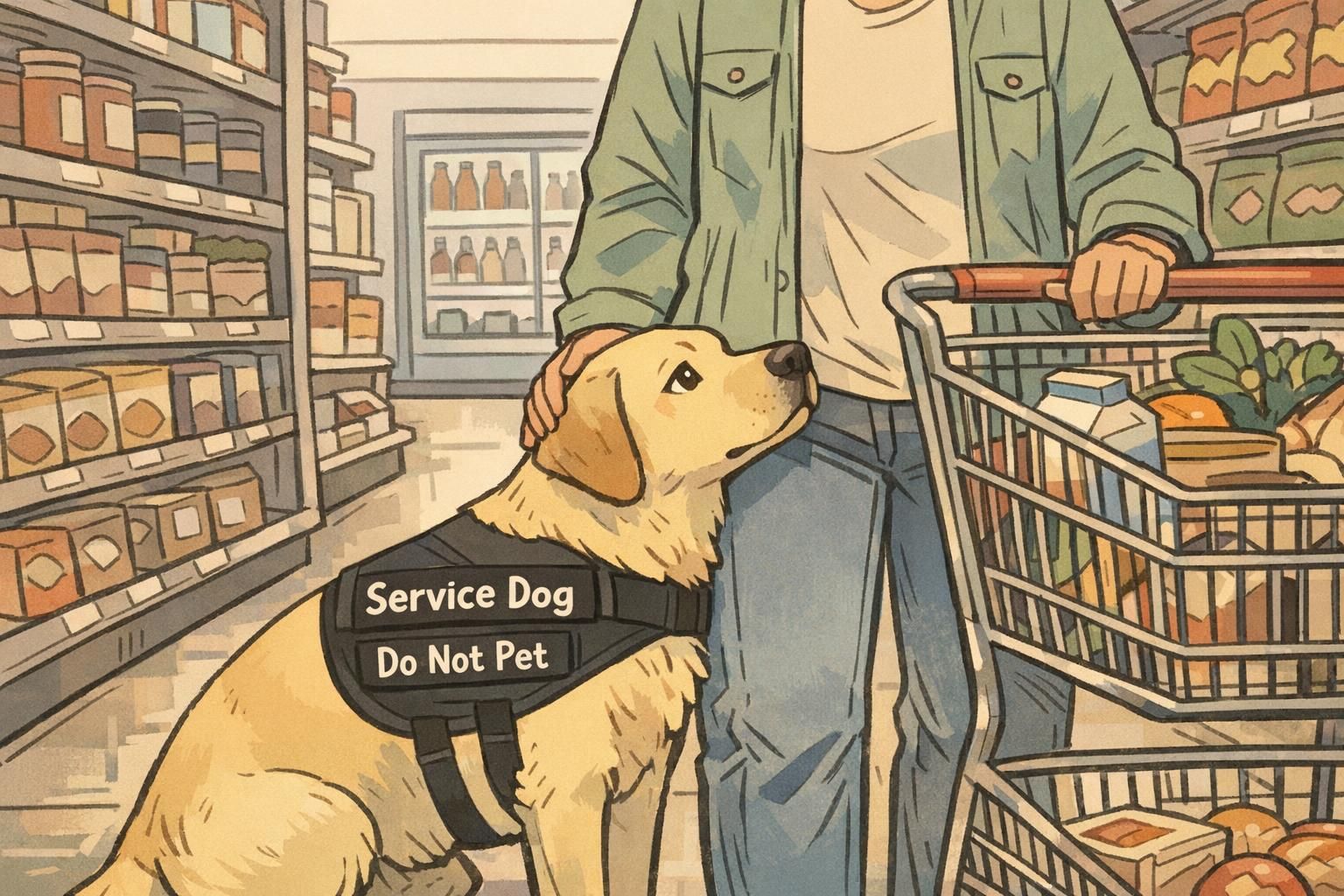 A shopper pauses in a grocery aisle while their service dog stays close in a trained touch position to create personal space and reduce overwhelm.