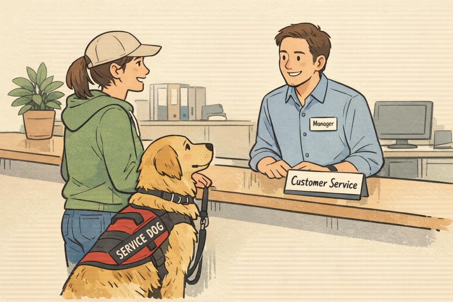 A service dog handler speaking calmly with a store manager at a customer service counter to resolve an access question.