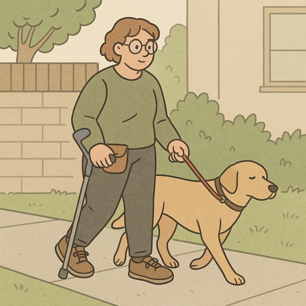 A person practices loose-leash walking with a calm dog on a quiet neighborhood sidewalk during daylight, both relaxed and dressed in casual clothes.