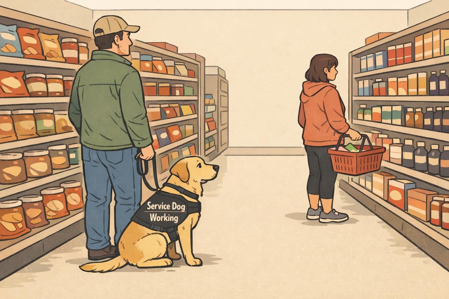Inside a small grocery store aisle a service dog stays in heel beside its handler while other shoppers keep respectful distance, demonstrating public access and task focus.