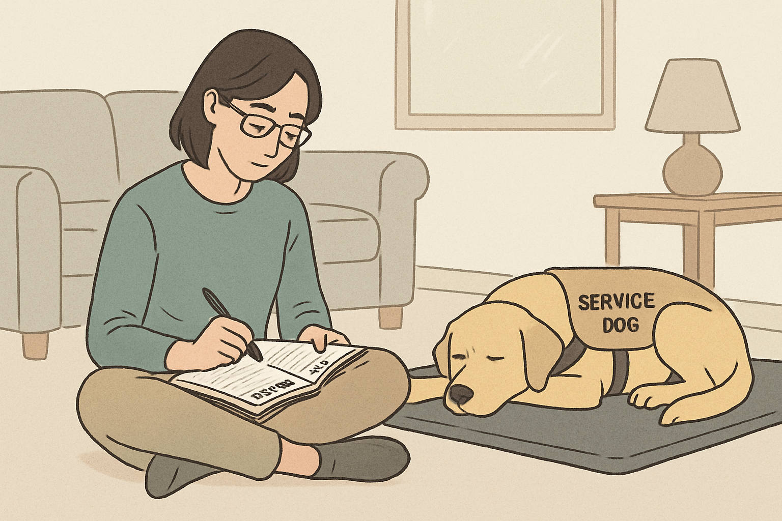 Handler writing a brief training log at home while their service dog naps on a mat nearby, showing simple tracking and quiet maintenance routines.