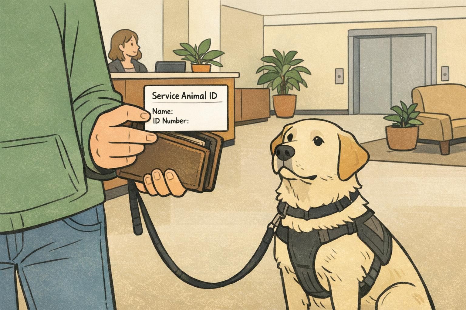 A person holding an identification card while standing with a calm dog in an apartment lobby, demonstrating practical documentation tools for support animals.