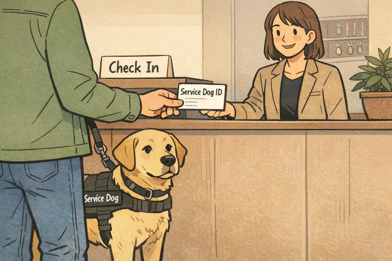 A hotel check-in counter where a handler presents a service dog ID card while the dog stands calmly beside them.