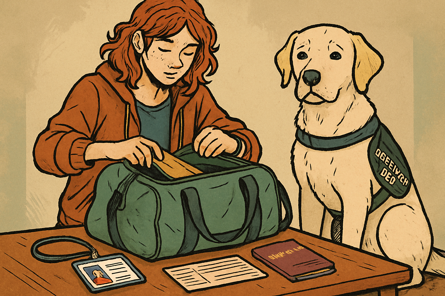 Handler packing a compact travel bag with ID and familiar items while the assistance dog sits calmly, ready for low-stress travel planning.