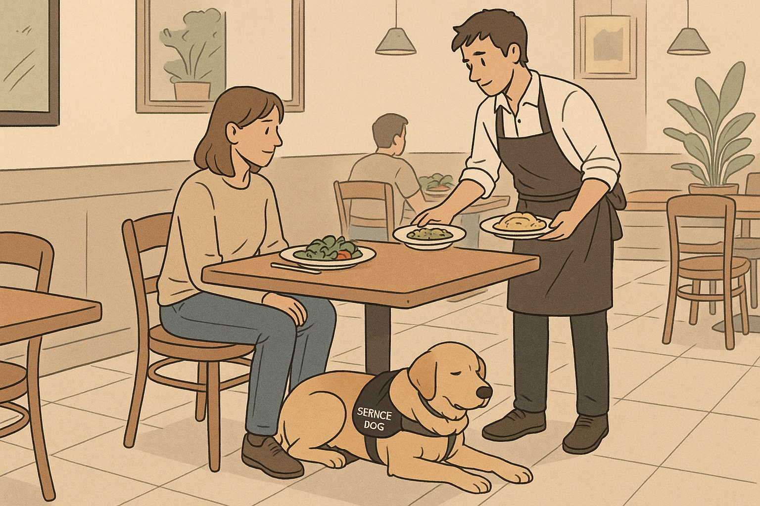 A service dog rests quietly under a restaurant table beside its handler as servers move through clear walkways, showing inclusive dining access.