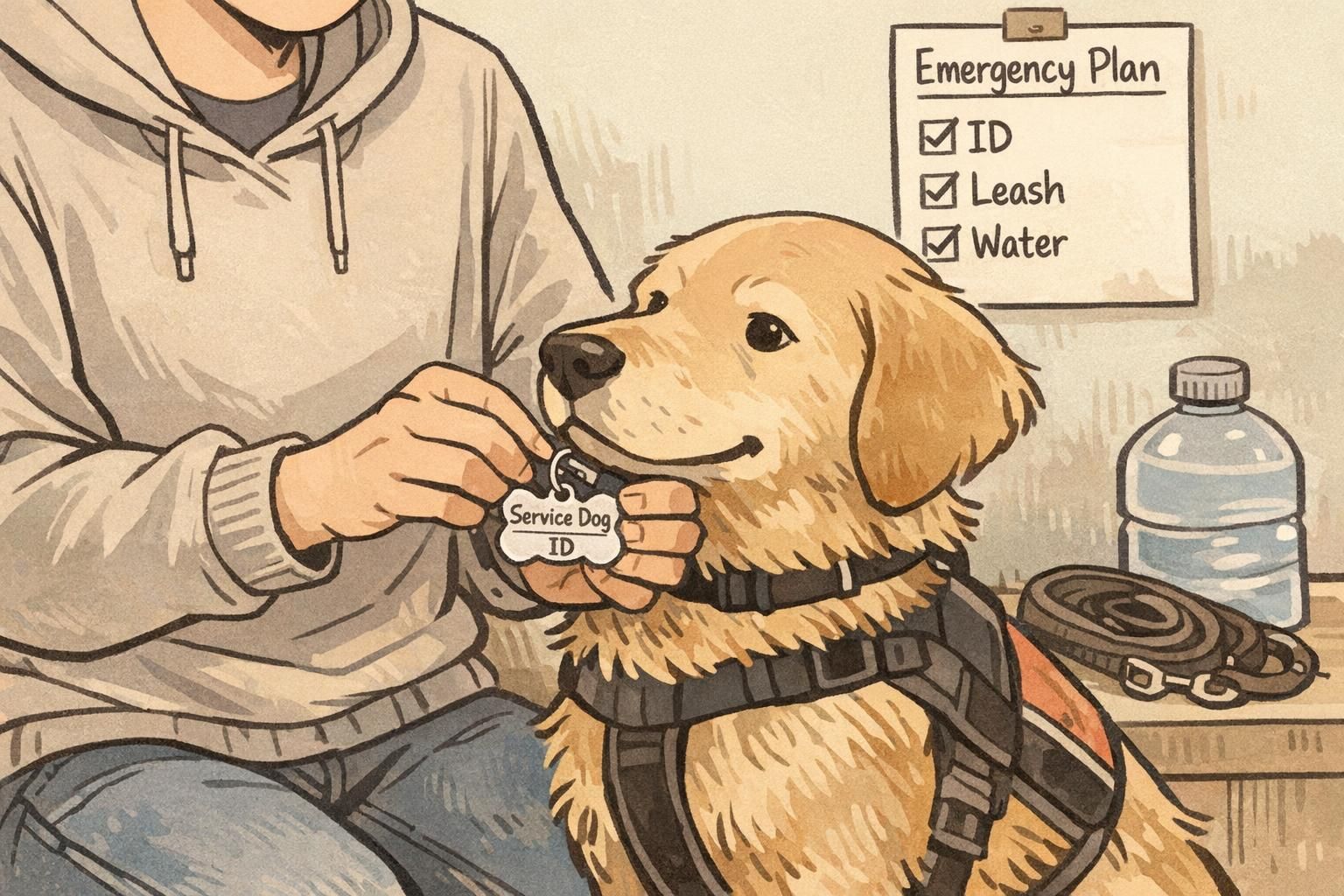 A calm home scene showing a handler attaching an ID collar tag to their service dog next to an 'Emergency Plan' checklist listing ID, leash, and water.