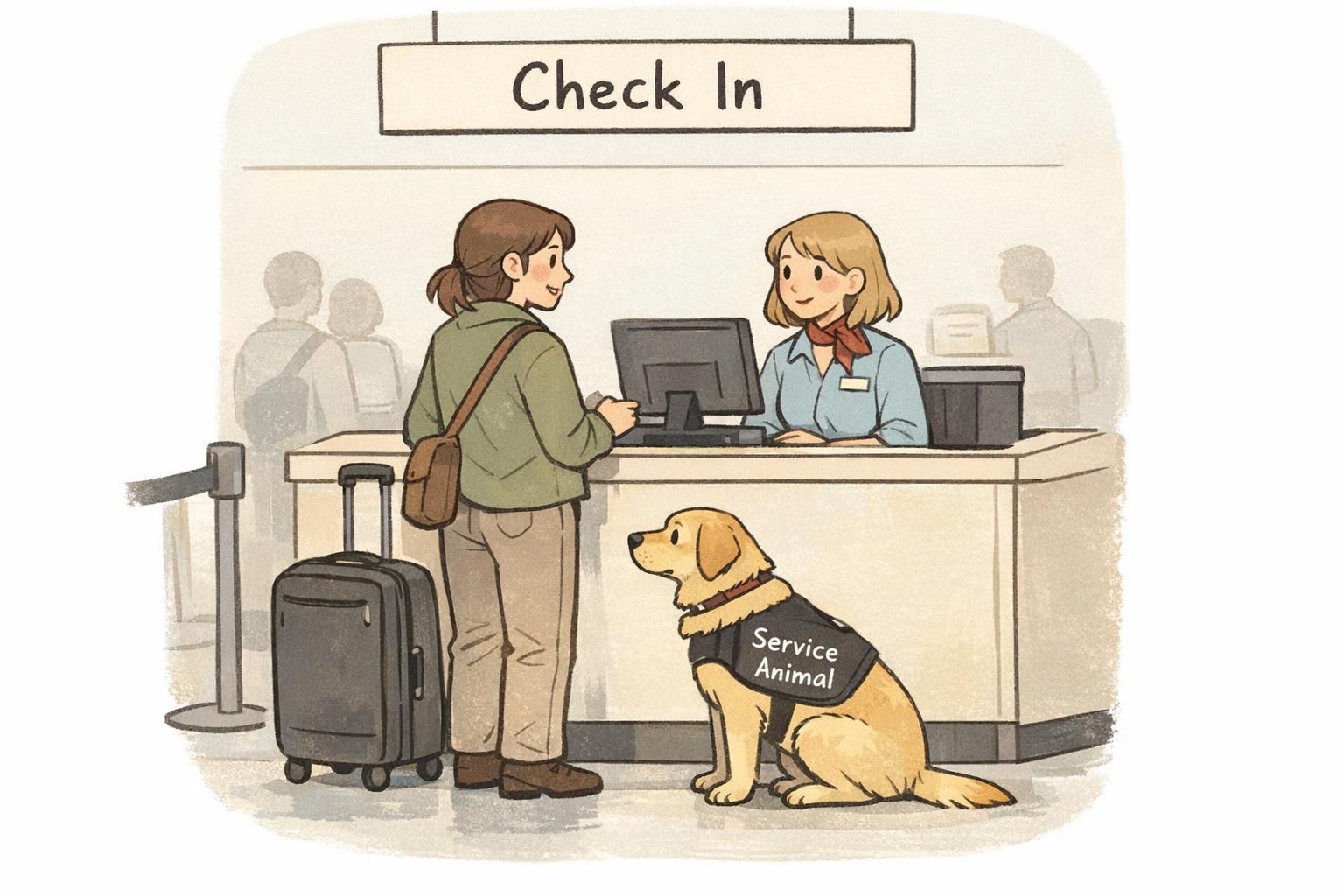 Passenger speaking calmly with an airline agent at the check-in counter as a service dog sits in a tidy heel position wearing a service animal vest.