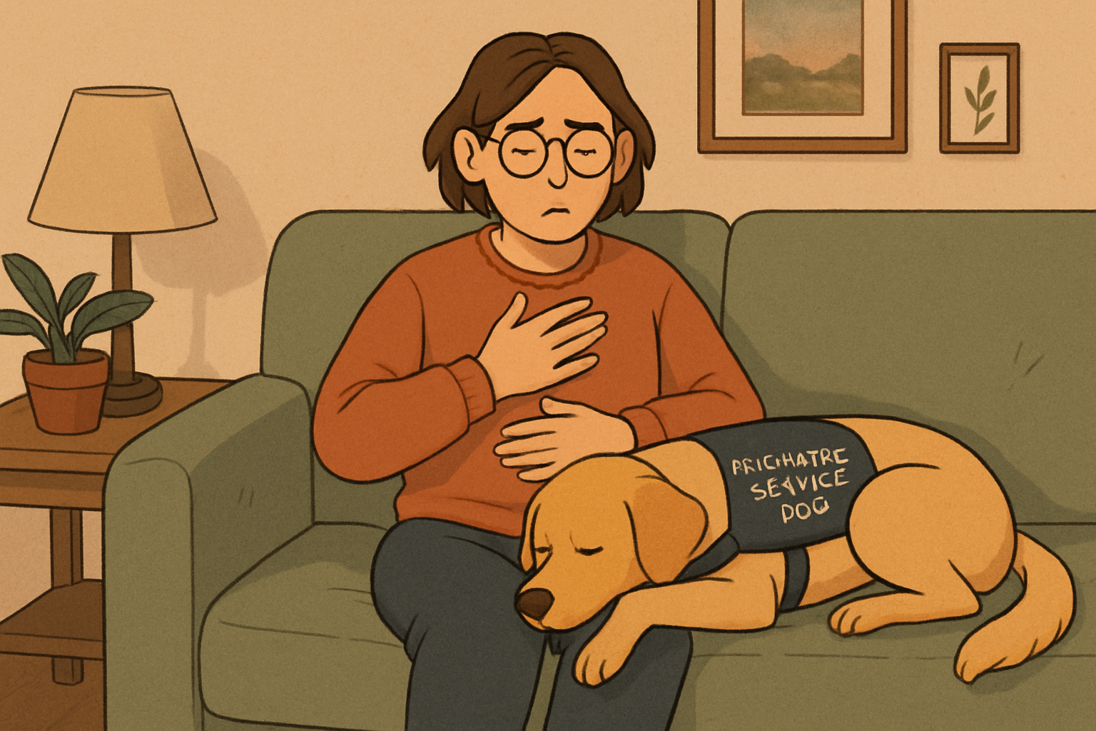 Psychiatric service dog provides deep pressure therapy to a person seated on a couch, helping with grounding and calming during anxiety or dissociation.