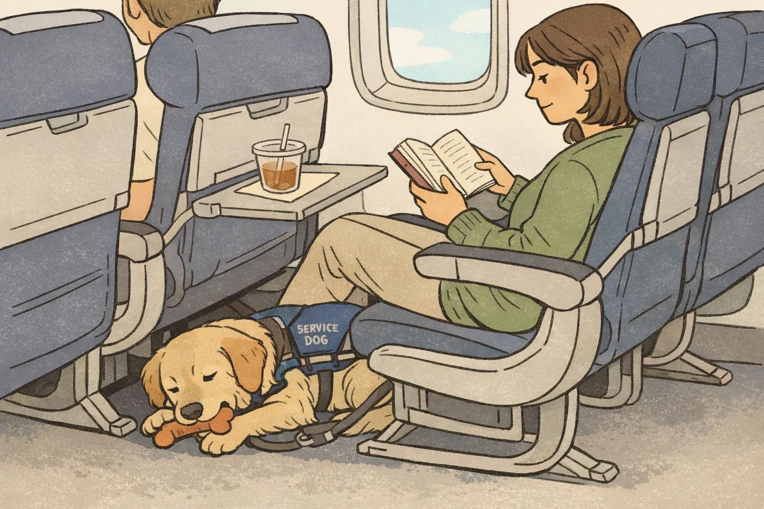 Service dog settled quietly in a passenger's foot space onboard an airplane with a small, low-odor chew for comfort.