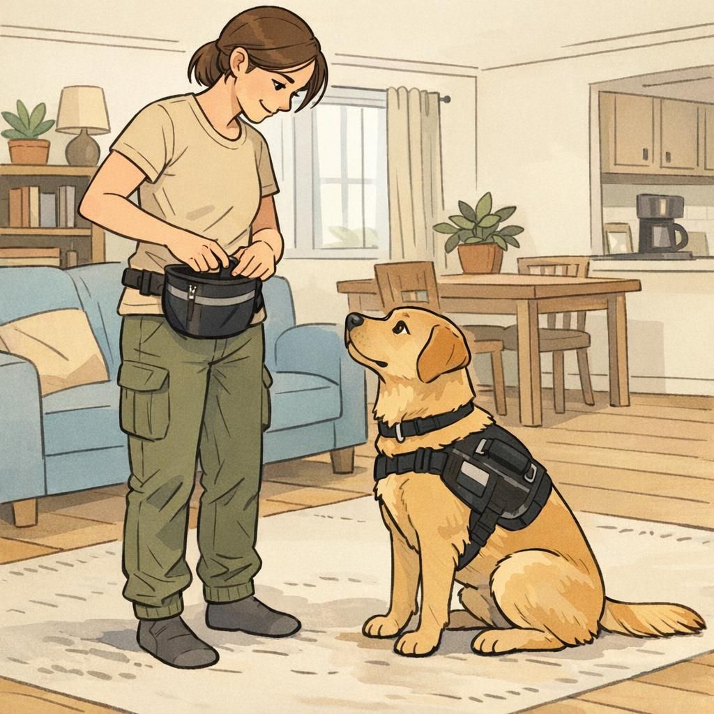 A handler practices a calm at-home training session with a service dog sitting and making eye contact while the handler holds a treat pouch.