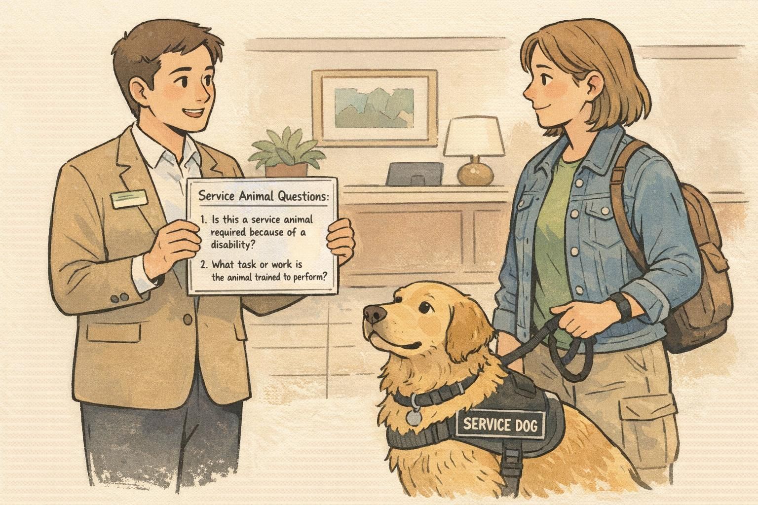 Front-desk staff shows a laminated card with the two permitted service-animal questions while speaking politely with a handler and their service dog.