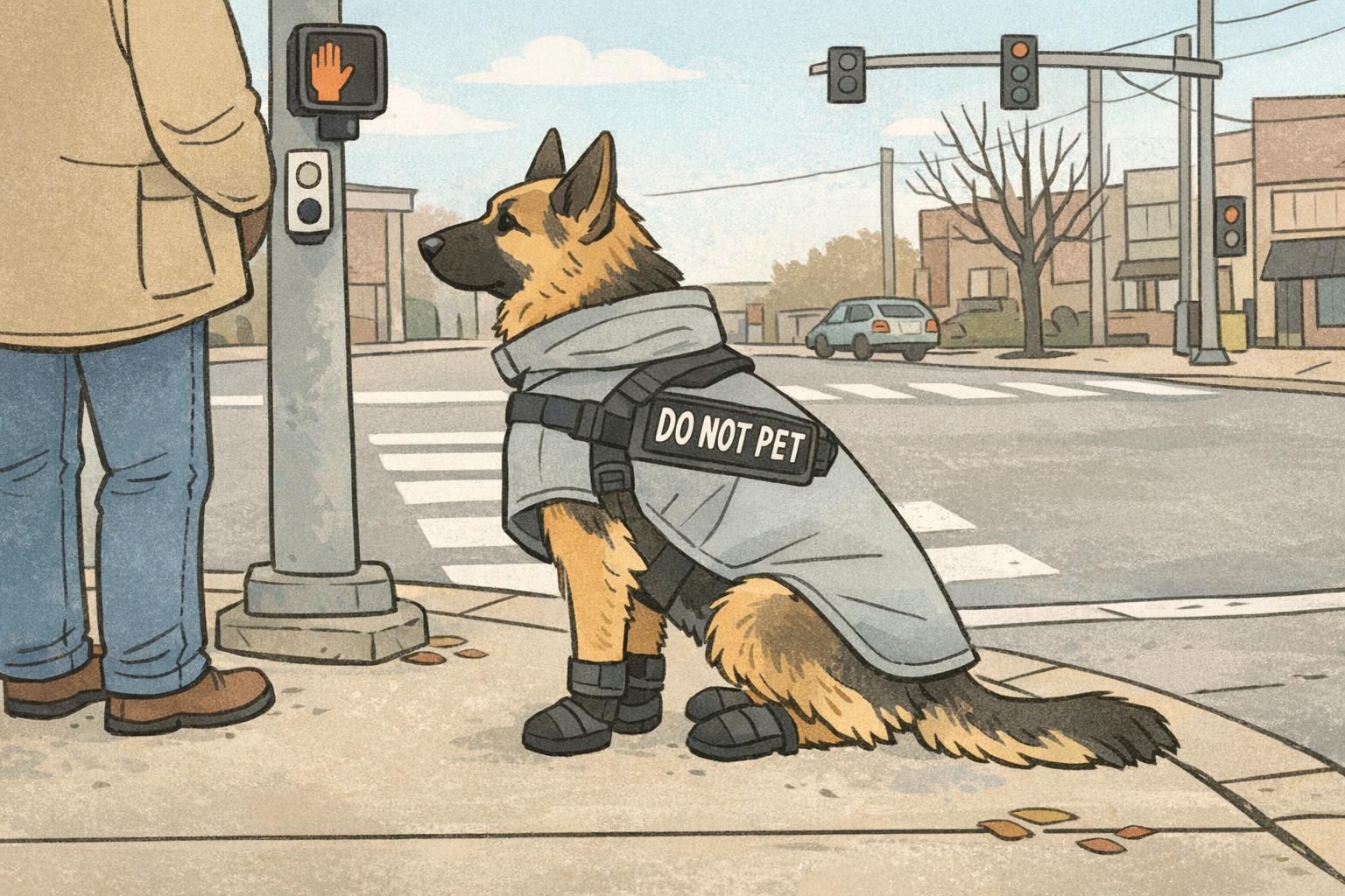 A large service dog wearing protective boots and a light weather coat while waiting at a city crosswalk on a chilly day.