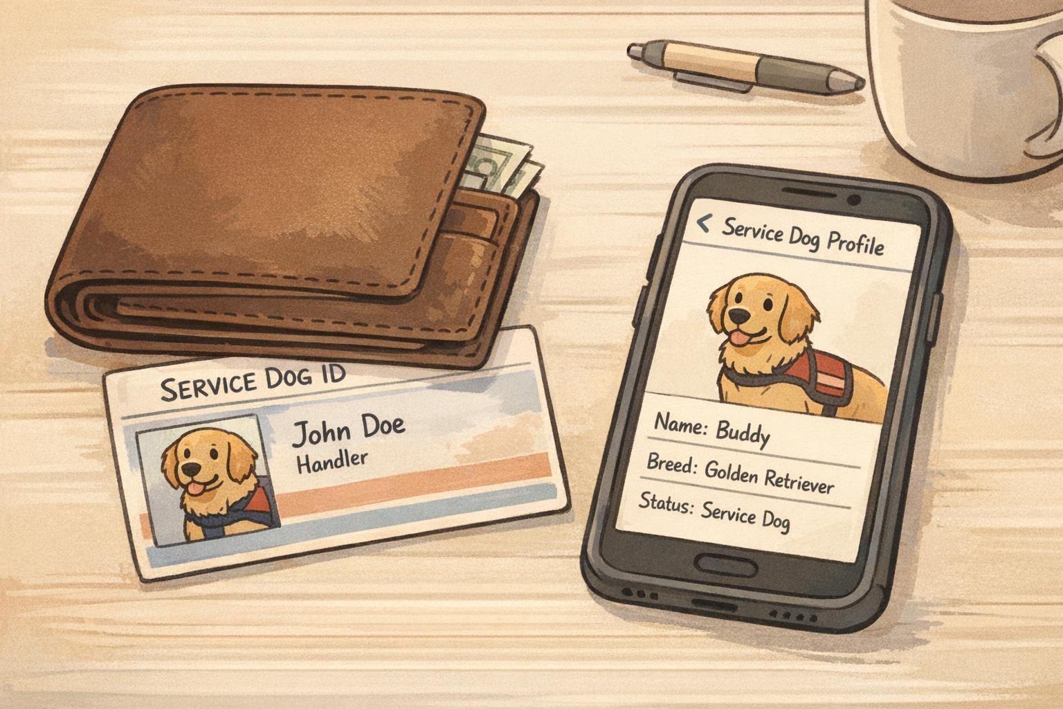 Close-up of a printed service dog ID card on a tabletop beside a phone showing a simple digital service dog profile, tools for clear communication on the go.