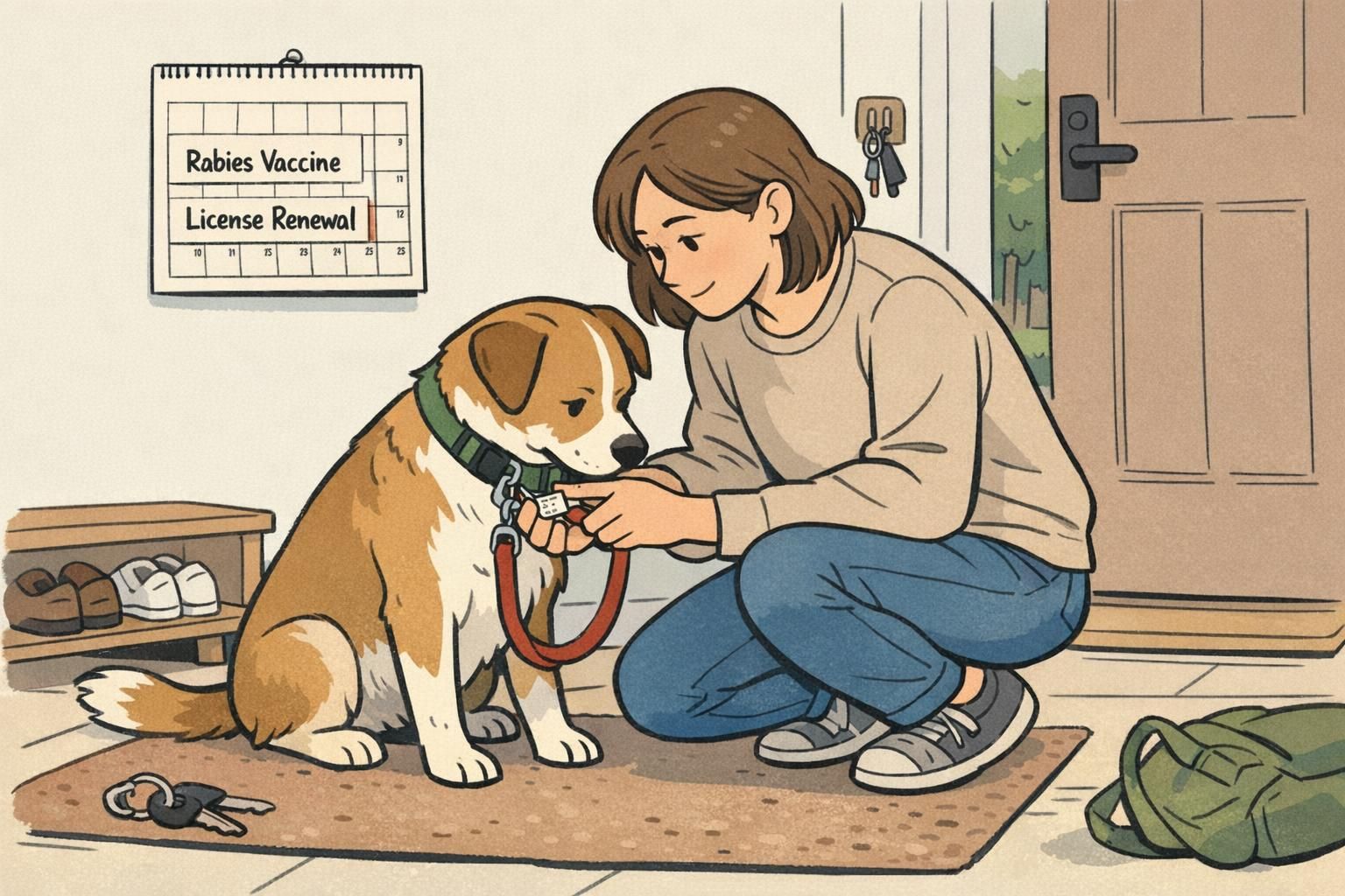 Someone clips a leash onto a dog's collar at the front door while a wall calendar clearly marks rabies vaccine and license renewal reminders.