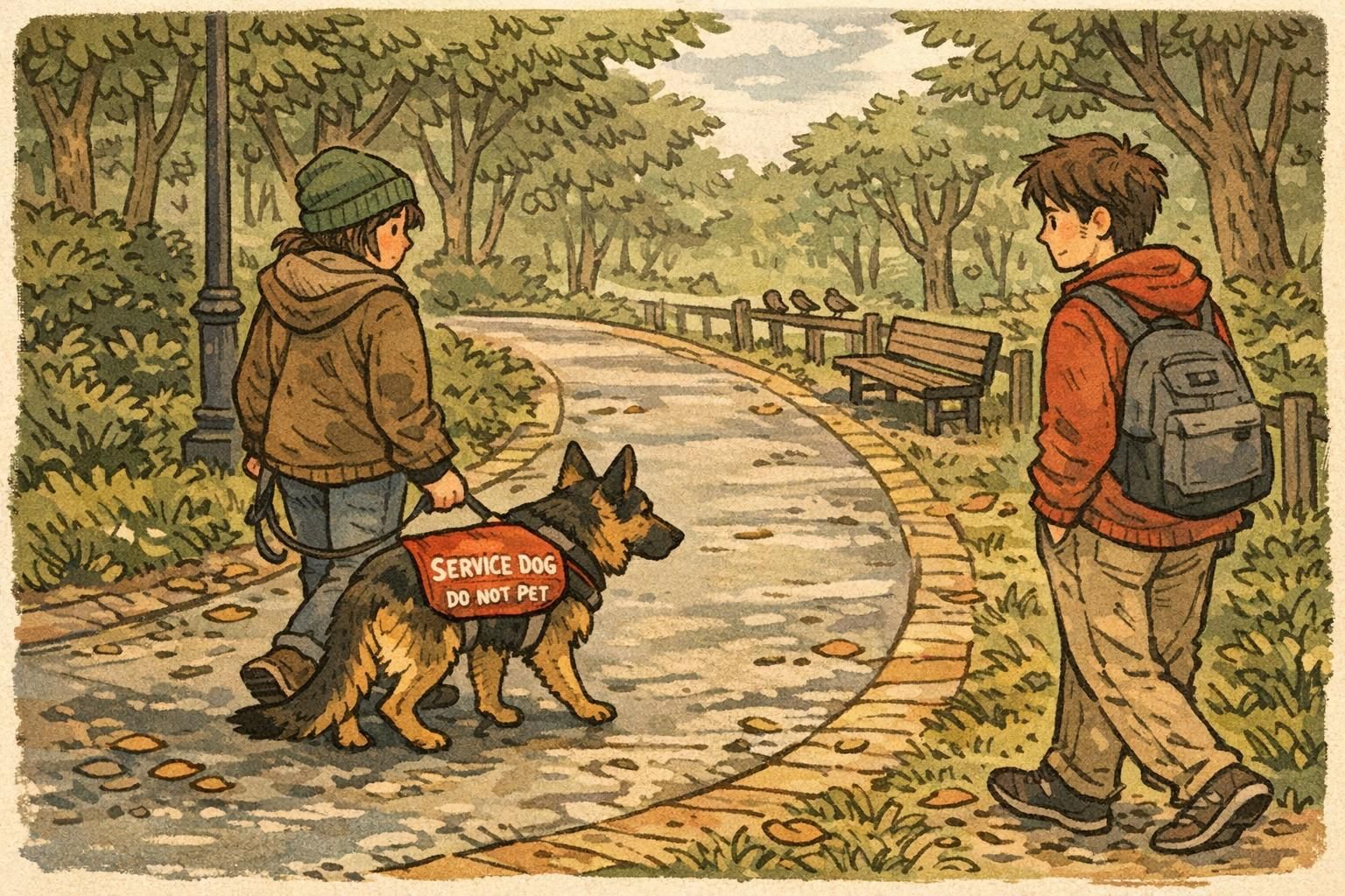 Quiet park walkway with a handler practicing steady heel as a passerby gives space, demonstrating early public training in a low-distraction setting.