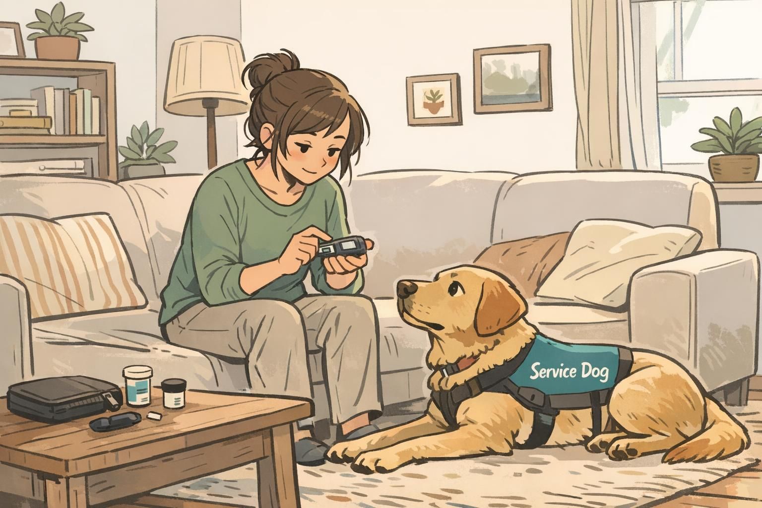 An attentive service dog rests beside a handler checking a glucose meter in a living room, illustrating diabetic alert work and extra time to respond.