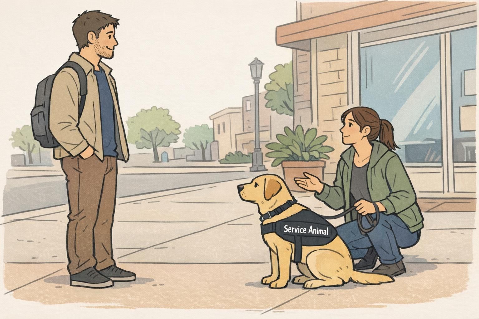 Sidewalk etiquette: a passerby speaks at a respectful distance to the handler while the service dog stays focused and on task.