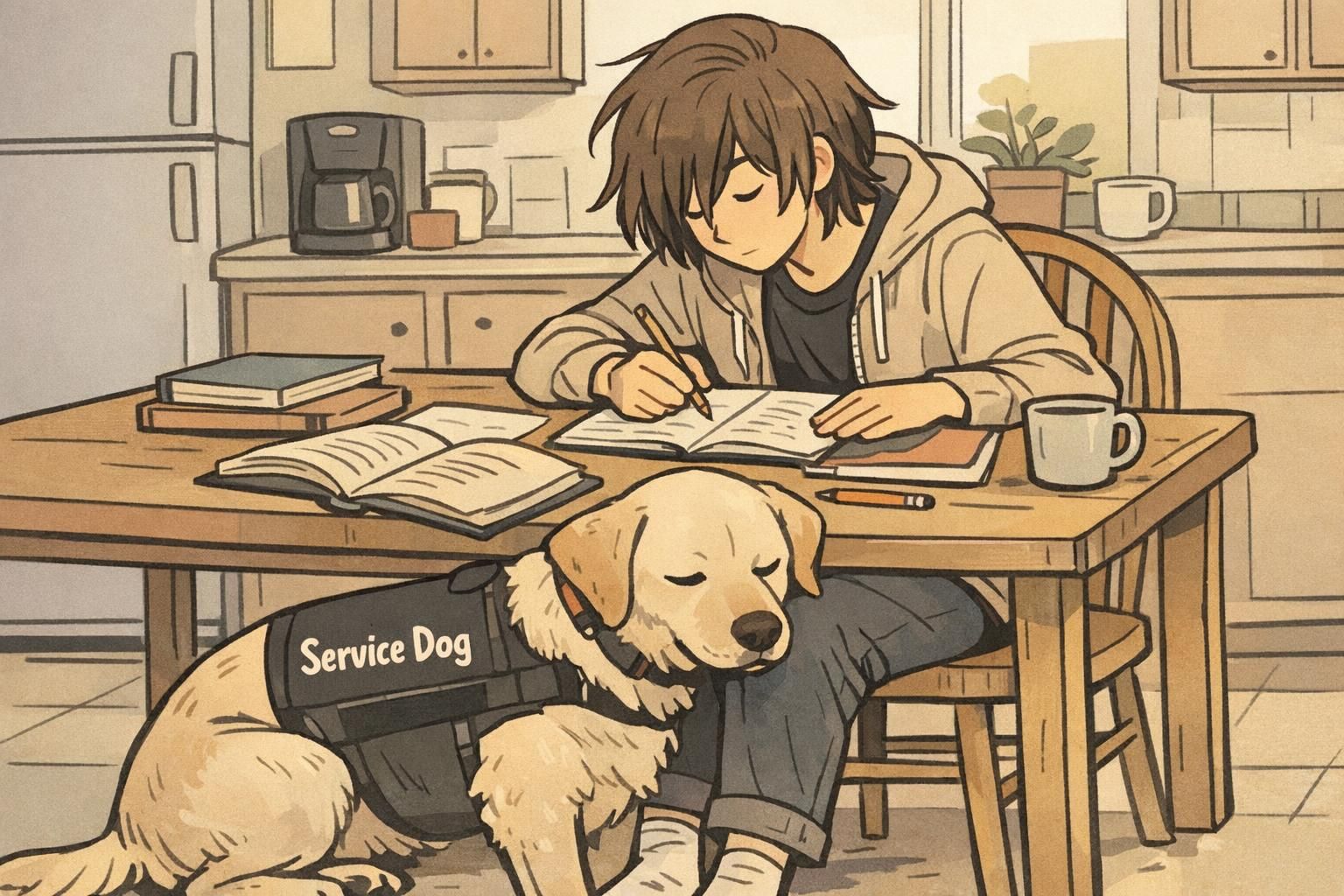 A teen working on homework at a kitchen table with a medium service dog leaning gently against their leg to provide grounding and calm focus.
