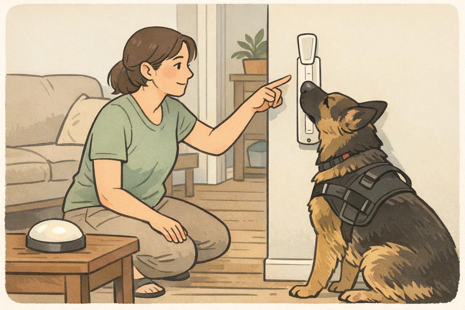 At-home training scene showing an adult guiding a large dog to touch a wall-mounted switch extender during a targeting exercise.
