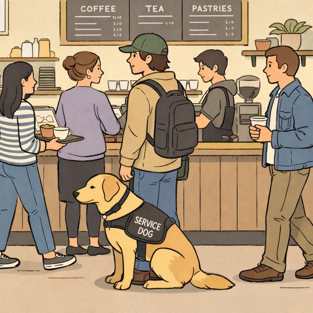 A service dog sits calmly at its handler’s side while they wait in line at a neighborhood coffee shop, demonstrating composed public behavior.