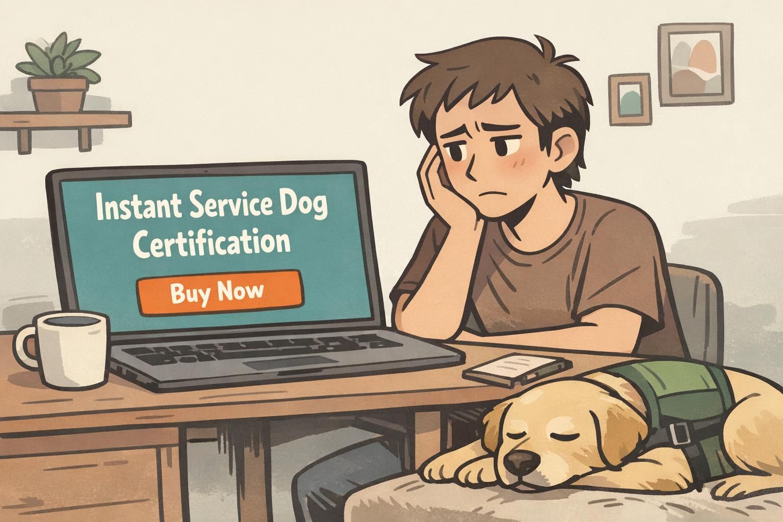 A person looks uncertain at a laptop displaying an online 'instant certification' ad while their service dog rests nearby, highlighting doubts about quick registration offers.