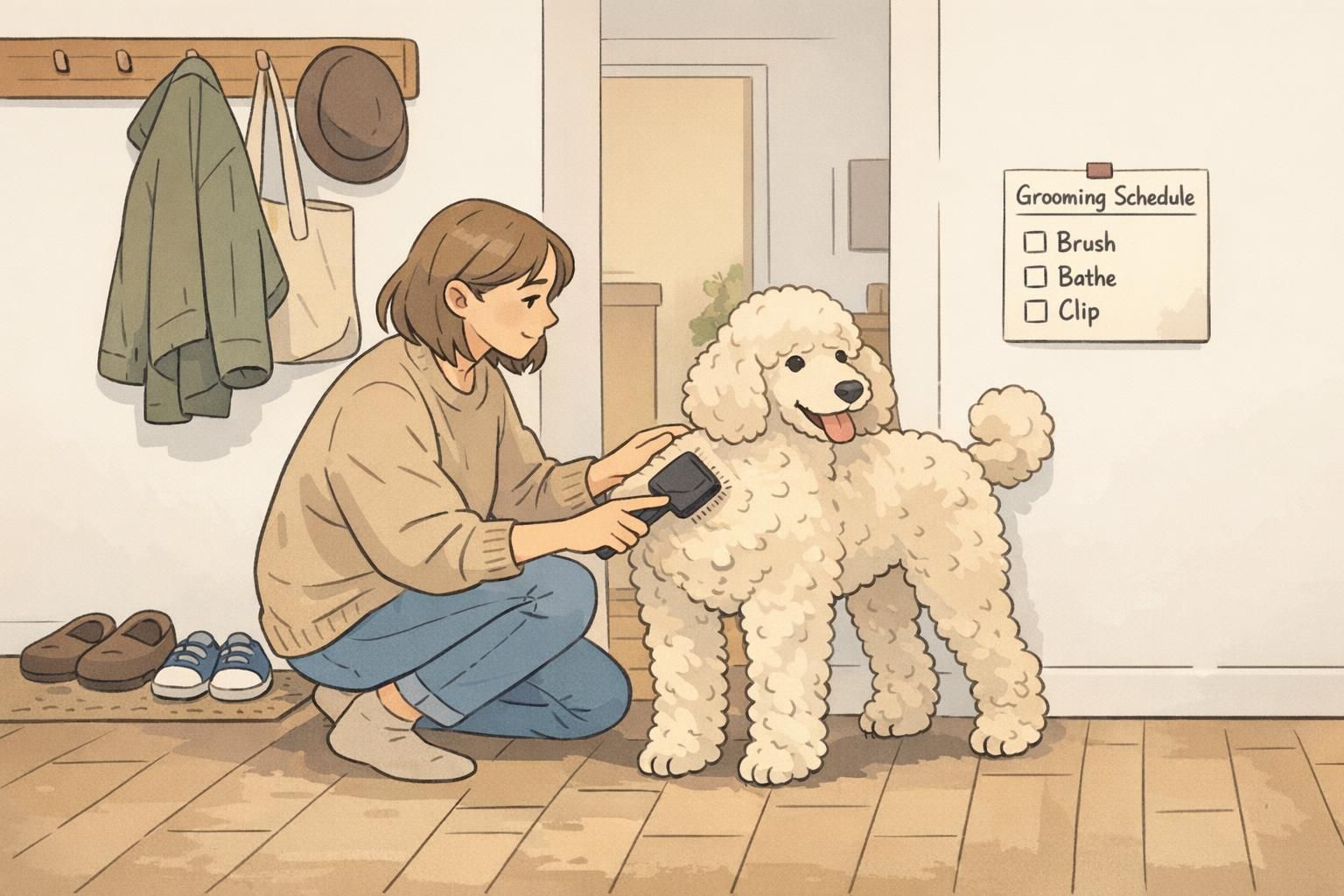 An adult gently brushing a Standard Poodle in a tidy hallway near a grooming schedule note, showing coat care for low-shedding service dogs.