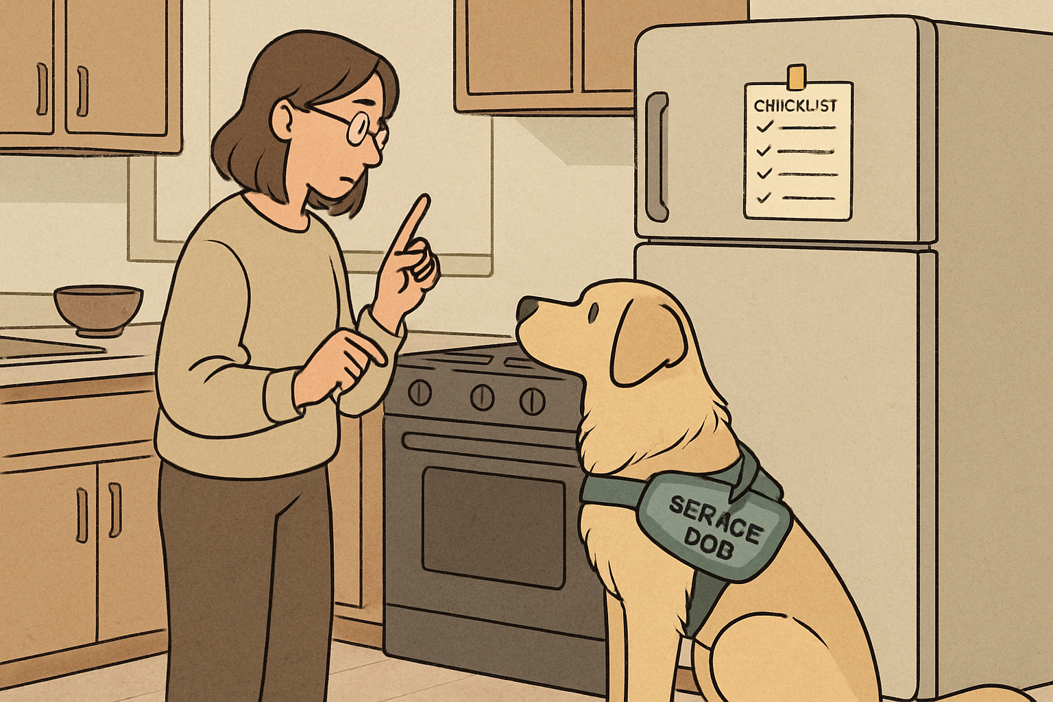 Kitchen micro-session with handler cuing a short task and rewarding the service dog, accompanied by a visible checklist to show intentional, brief practice.