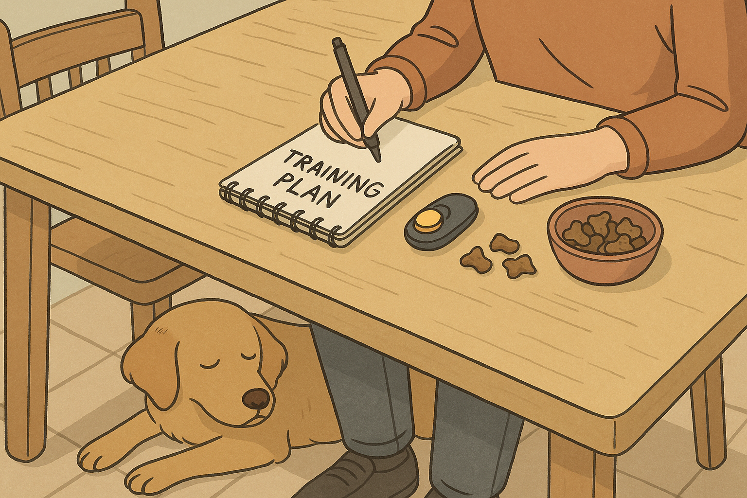 A home training setup showing a notebook, a clicker, treats, and a relaxed dog resting at its handler's feet beside a kitchen table.
