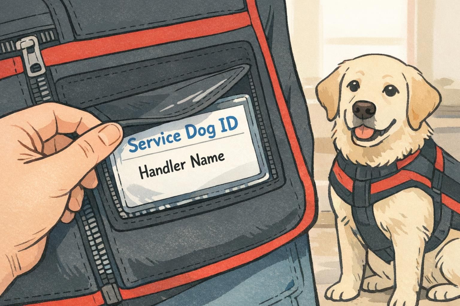 Close-up of an adult hand opening a vest's clear ID window pocket to reveal a Service Dog ID card and the handler's name as the dog sits quietly nearby.