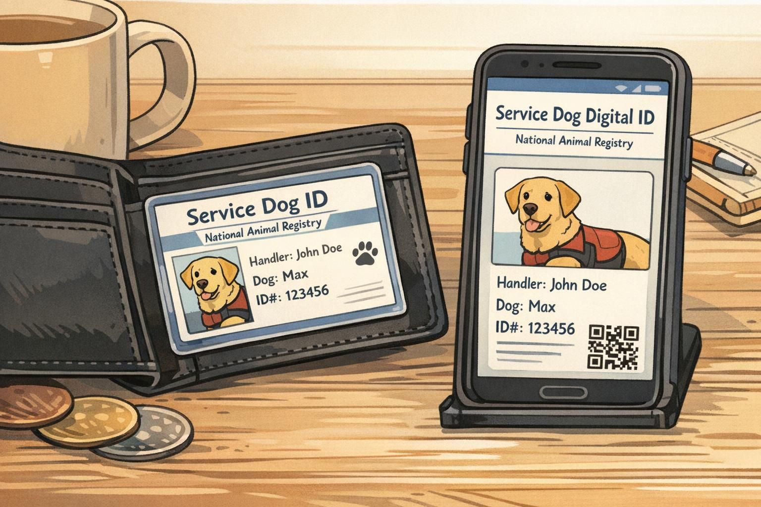 Close-up of a wallet and phone displaying a printed and digital service animal ID, showing easy-to-present identification for a handler.