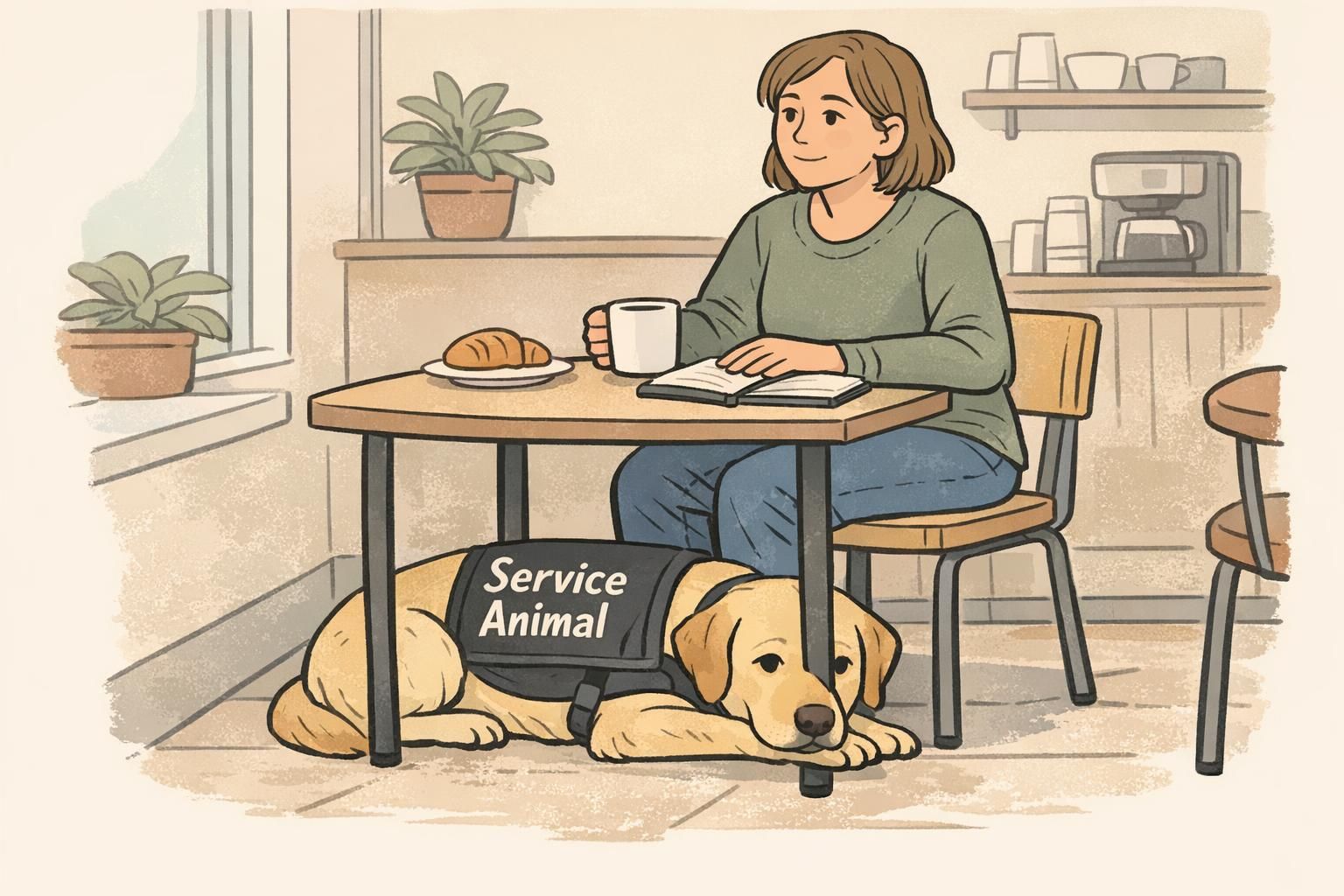 A service dog rests neatly under a small café table while its handler sits, showing composed public manners and unobtrusive support in a coffee shop.
