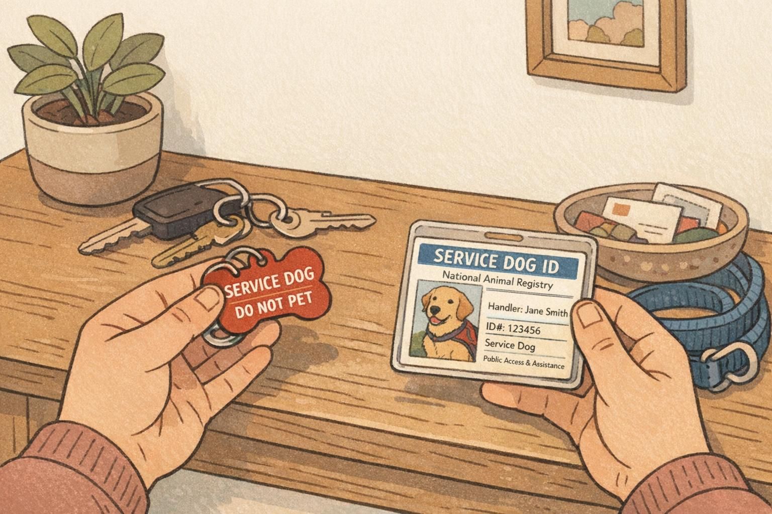 At-home entryway scene showing a handler organizing a service dog collar tag and a wallet-sized ID card next to keys and a leash, illustrating preparation for outings.