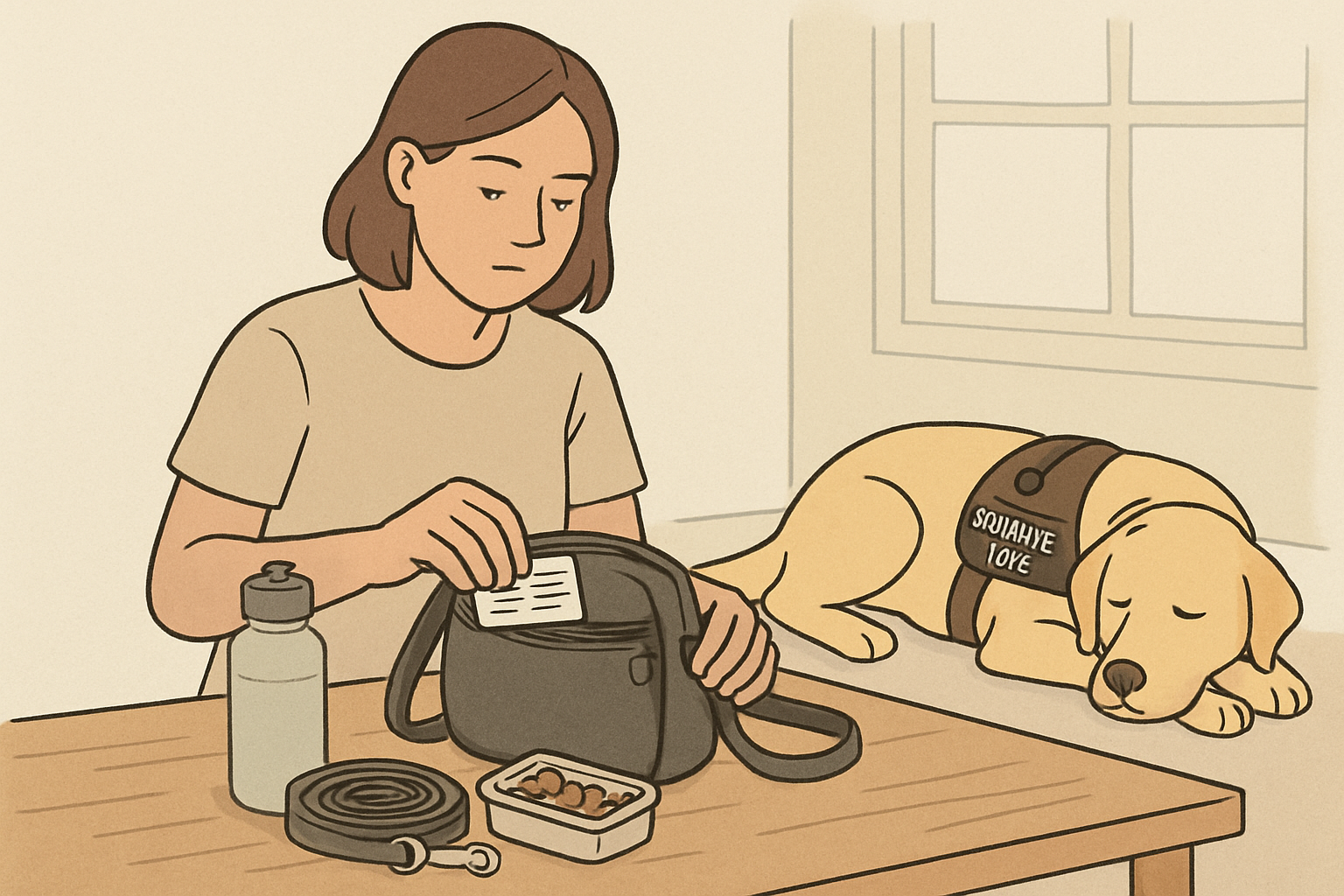 At-home preparation scene of a handler organizing a go-bag with leash, treats, water, and ID while the service dog rests nearby, showing travel readiness.