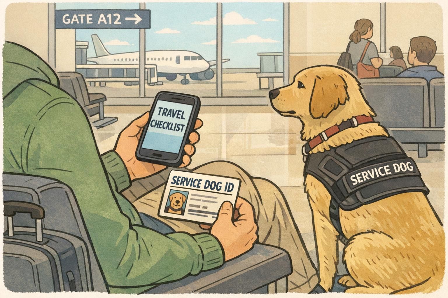 Traveler sits in an airport gate area checking a phone with a visible SERVICE DOG ID card on their lap, illustrating planning and identification for travel days.