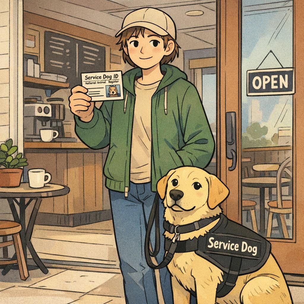 A handler stands at a café entrance with a service dog wearing a vest labeled 'Service Dog' while holding a wallet-sized Service Dog ID issued by a national registry.