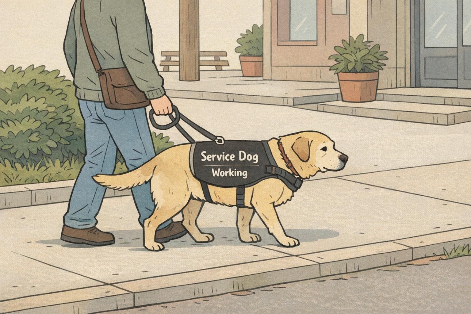 A handler and an older service dog take a slow, low‑stress walk on a quiet sidewalk to demonstrate paced outings during retirement transition.